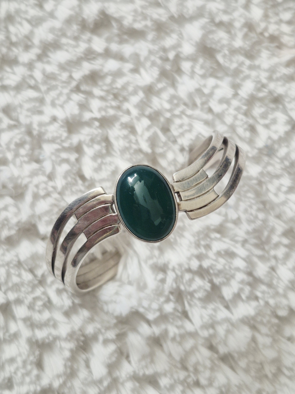 Vintage Mexico Sterling Silver Green Onyx Cuff Bracelet